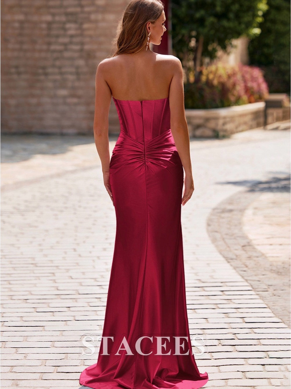 StaceeS Strapless Backless Evening Gown in Burgundy